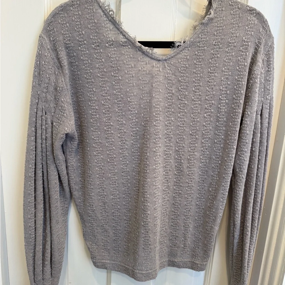 Free People Light Gray Lace-Trim V-Neck Balloon Sleeve Top